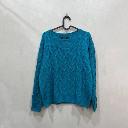 Camisola Tricot Azul Turquesa com Tranças – Tamanho M